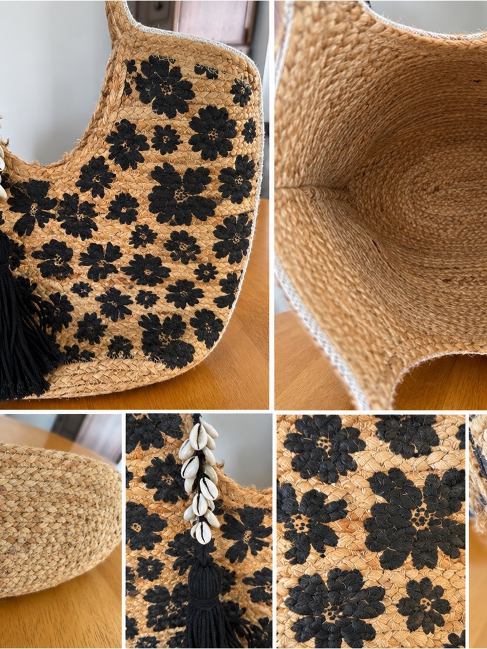 Handwoven Straw Shoulder Bag with Black Floral Embroidery